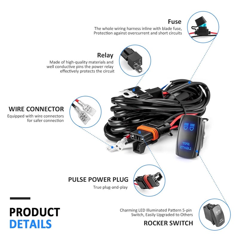 Wsays Plug & Play Spot Lights Wiring Harness Kit 12V 16AWG Pulse Power Bar Plug Connector Rocker Switch 2 Lead Wiring Harness Kit Compatible with Polaris Ranger RZR General 2018-2025 - Image 3